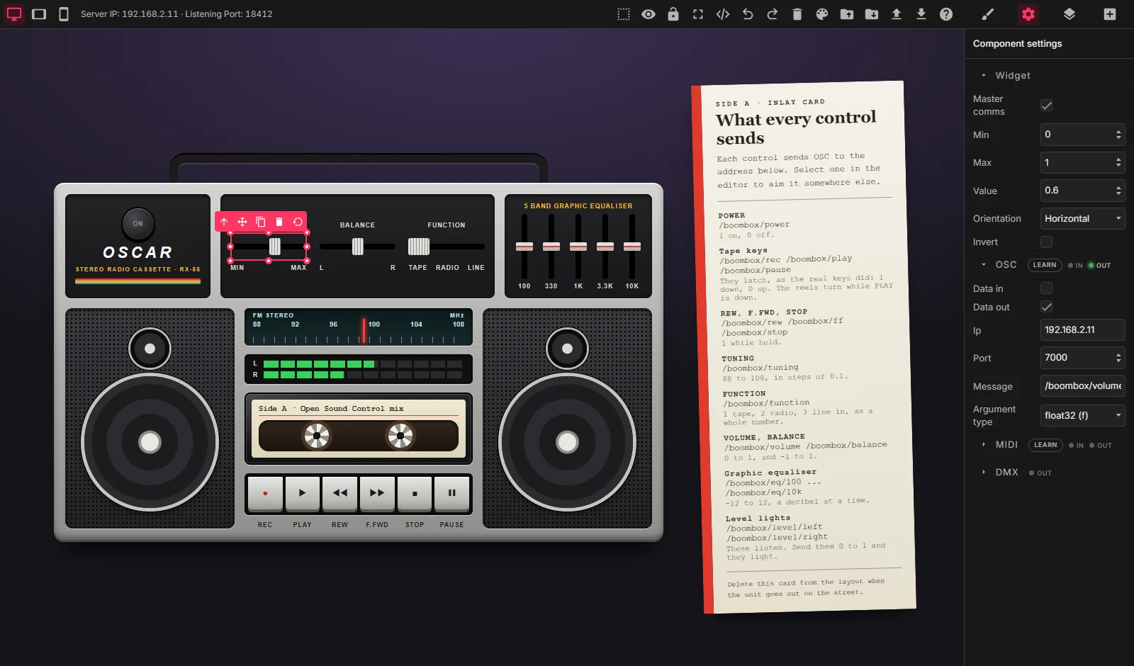 The OSCAR editor: a boombox control surface on the canvas, with a fader selected and its OSC, MIDI and DMX settings open on the right.