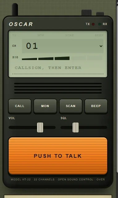 A published OSCAR surface on a phone: a walkie-talkie with a display, keys, two sliders and a large push-to-talk button.