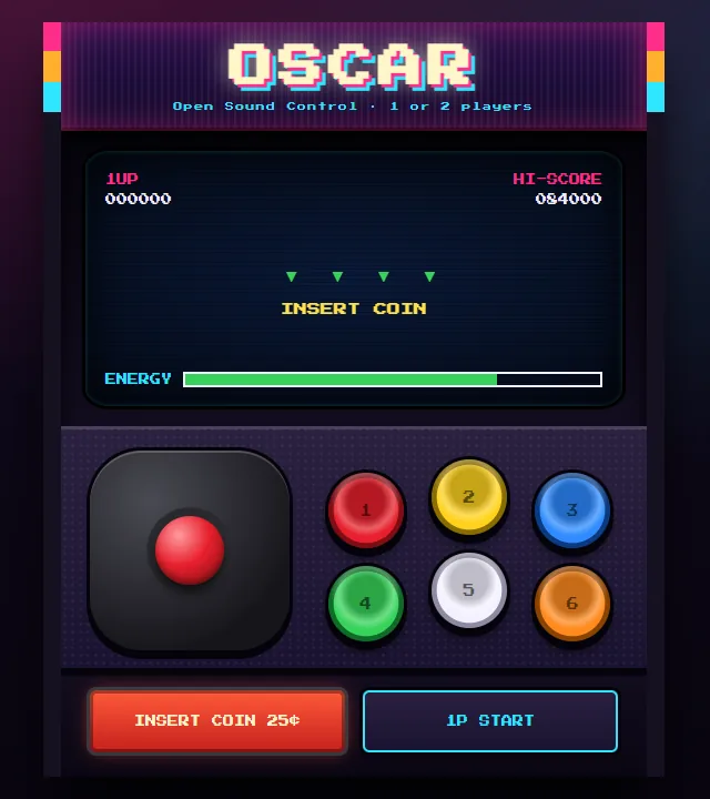 Arcade cabinet template: a joystick, six buttons and a screen.