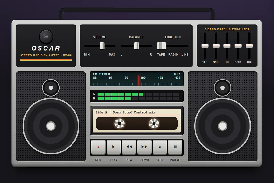 Boombox template: transport keys, a tuner, a five band equaliser and level lights.