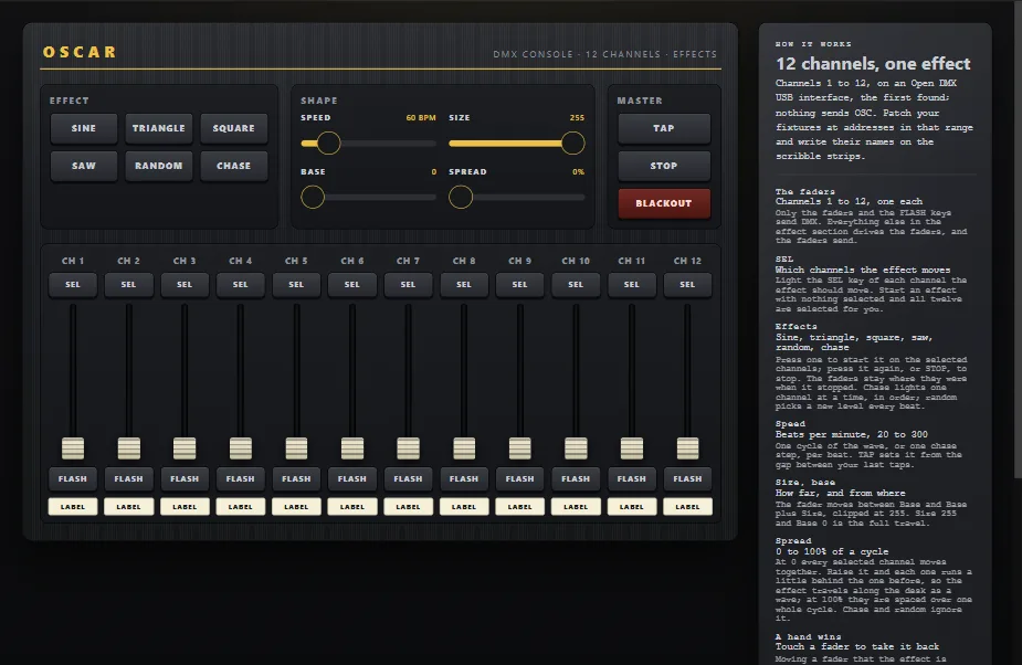 OSCAR's DMX Console template: twelve fader strips with SEL and FLASH keys, and an effect section with six waves, speed, size, base, spread, tap, stop and blackout.