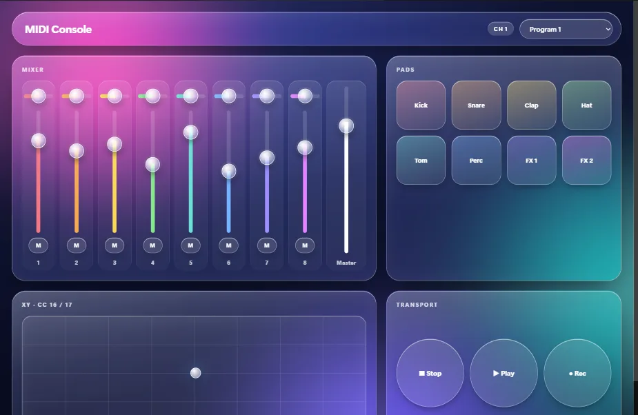 OSCAR's MIDI Console, Liquid Glass template: eight fader strips with pans and mutes, a master, eight pads, an XY pad and transport keys, in frosted glass over colour.