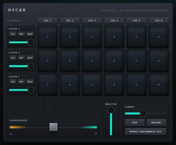 OSCAR's Resolume template: three layers of clip buttons, a row of column buttons, layer controls, a crossfader, a master fader and tempo controls.