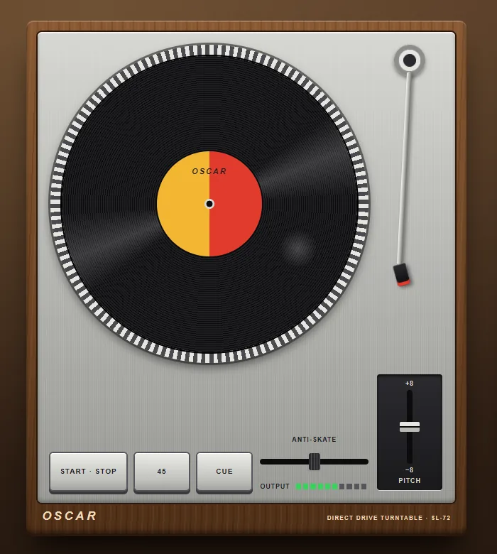 Turntable template: a record that can be touched, a tonearm, a pitch fader.